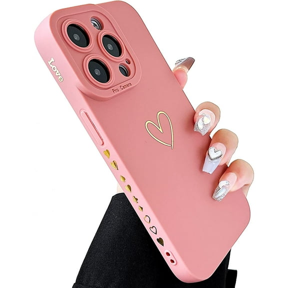 Compatible with iPhone 14 Pro Case Cute, Luxury Heart Phone Case Side Pattern Soft TPU Shockproof Full Camera Lens Protective Case for iPhone 14 Pro 6.1" for Women Girl - Pink