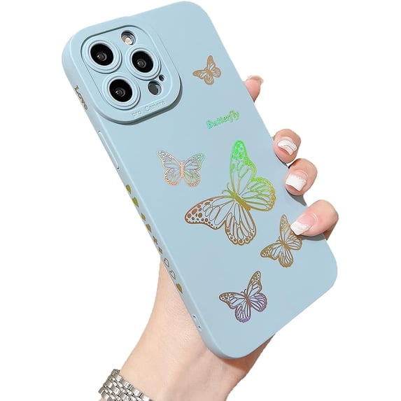 Compatible with iPhone 14 Pro Case Cute Plated Love Heart for Women Girls Gold Bling Butterfly Full Camera Lens Cover Protection Soft TPU Shockproof Bumper Phone Case for iPhone 14 Pro, Blue