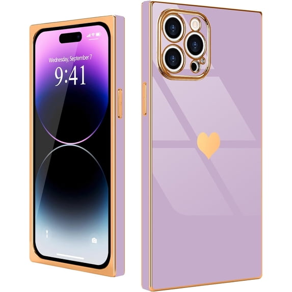 Compatible with iPhone 14 Pro Case Cute Plating Gold Luxury Love Heart Phone Case for Women Girls Shockproof Raised Full Camera Lens Protection Cover for iPhone 14 Pro 6.1 inch,Purple