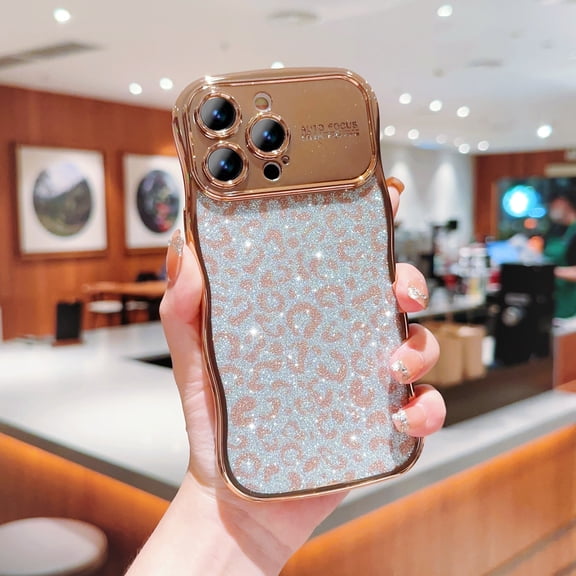 Compatible for iPhone 14 Pro Case,Cute Sparkly Bling Leopard Glitter Electroplated Wavy Edge Design for Women Girls TPU Shockproof Anti-Scratch Protective Phone Cover Case,Gold