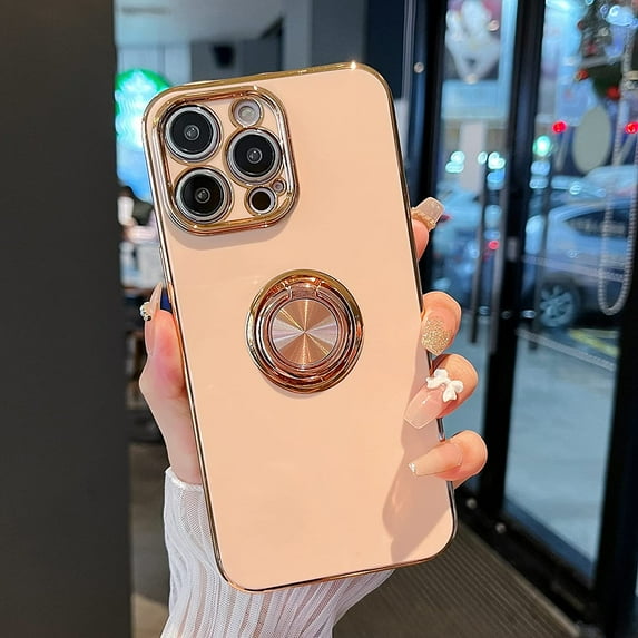 Compatible for iPhone 14 Pro Case,Electroplated Anti-Scratch Cases with 360°Ring Holder Kickstand,Soft Flexible TPU Bumper Shockproof Case for iPhone 14 Pro 6.1 inch,Pink