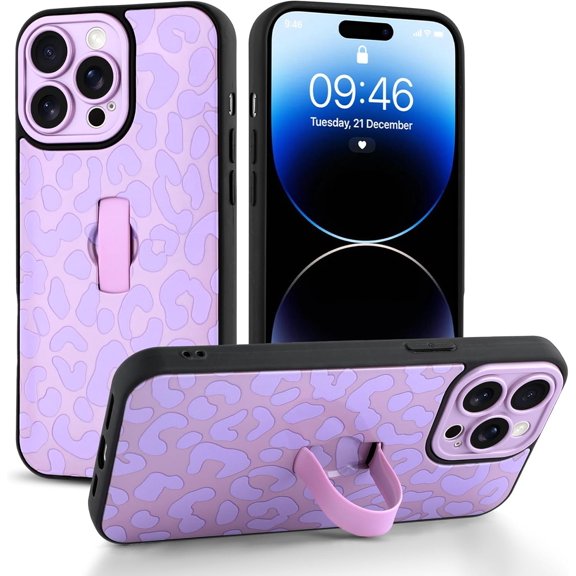 Compatible with iPhone 14 Pro Case with Finger Hand Strap Kickstand, Trendy Cool Leopard Cheetah Print Phone Case for Women Men, Full Camera Protection Shockproof Protective Cover, Purple