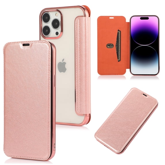 Compatible with iPhone 14 Pro Case, Flip Leather Wallet Case Card Holder Detachable Magnetic Flip Cover Clear Hard Back Slim Protective Shockproof Cover for iPhone 14 Pro 6.1 inch,Rosegold