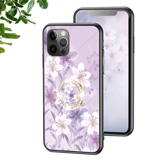 Compatible with iPhone 14 Pro Case, Floral Pattern Marble Sparkle Ring Holder Stand Design Women Girls Slim Protective Lightweight Phone Case Soft Bumper Cover for 6.1",Purple Magnolia