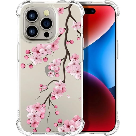 Compatible with iPhone 14 Pro Case Flower for Women Girls Girly Cute Phone Protector Clear with Design Cool Protective, Sakura Pink Peach Cherry Blossom