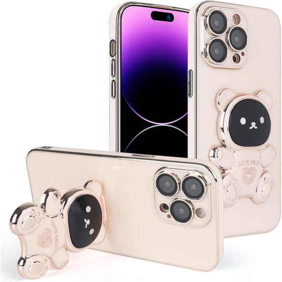 Compatible with iPhone 14 Pro Case Glitter 6D Plating Cute Bear Hidden Stand Holder Phone Case with Lens Film Camera Protection for Women Men Girly Plating Shockproof Phone Cover, Pink