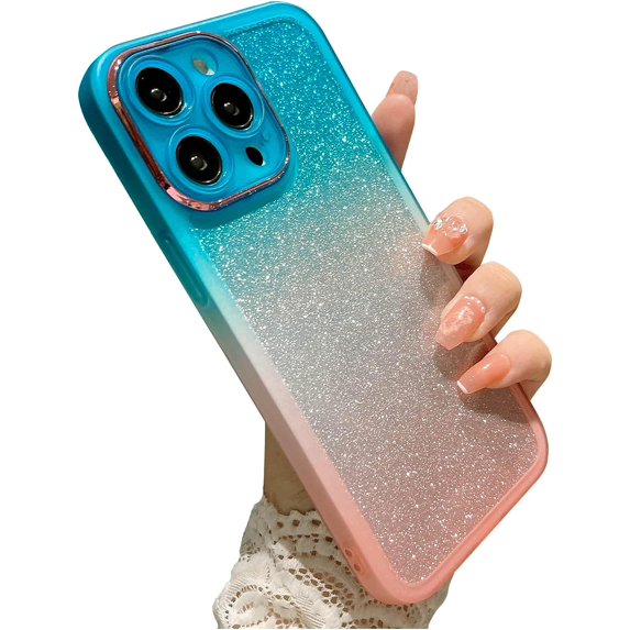 Compatible with iPhone 14 Pro Case, Glitter Bling Gradient Slim Soft Phone Case, Shockproof Lens Camera Protection Sparkly Shiny Case for Women Girls for iPhone 14 Pro - Blue Pink