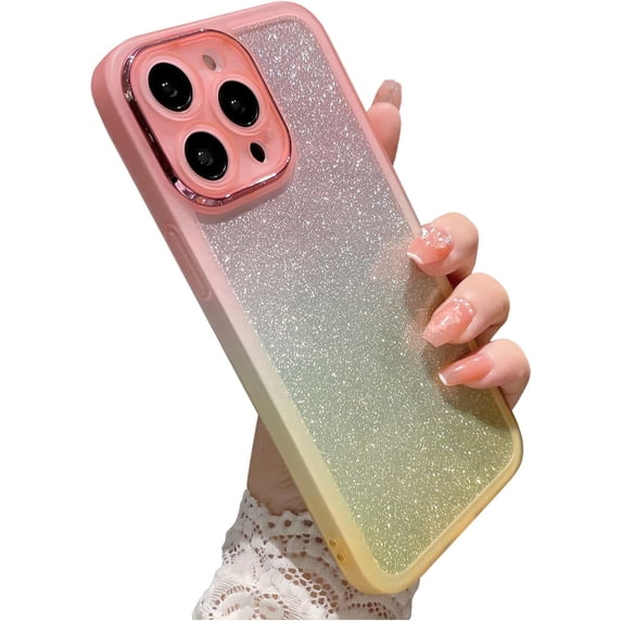 Compatible with iPhone 14 Pro Case, Glitter Bling Gradient Slim Soft Phone Case, Shockproof Lens Camera Protection Sparkly Shiny Case for Women Girls for iPhone 14 Pro - Pink Yellow