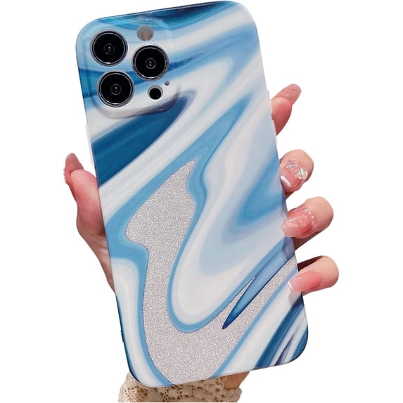 Compatible with iPhone 14 Pro Case, Glitter Silver Marble Stylish Hard Back Cover, Luxury Shockproof Lens Camera Protection Sparkly Phone Case for iPhone 14 Pro for Women Girls - Blue