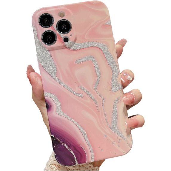 Compatible with iPhone 14 Pro Case, Glitter Silver Marble Stylish Hard Back Cover, Luxury Shockproof Lens Camera Protection Sparkly Phone Case for iPhone 14 Pro for Women Girls - Pink