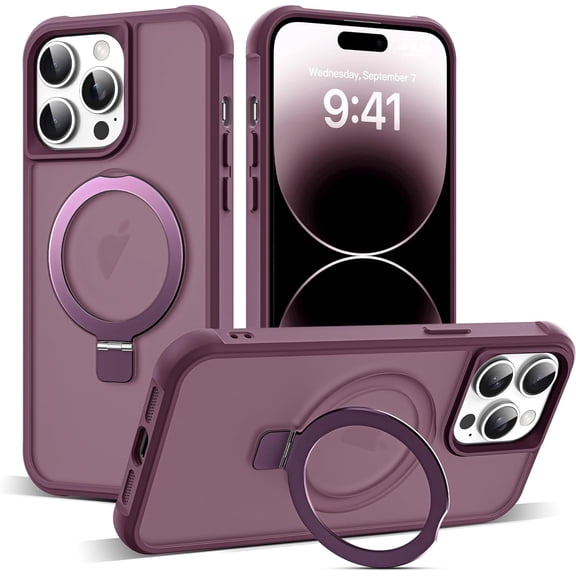 Compatible with iPhone 14 Pro Case with Invisible Magnetic O-Ring Stand Military-Grade Translucent Case for iPhone 14 Pro 6.1" [Compatible with MagSafe][Great Grip Feeling], Wine Red