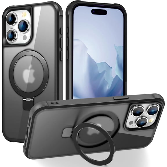 Compatible with iPhone 14 Pro Case with Invisible  O-Ring Stand -Grade Translucent Case for iPhone 14 Pro 6.1" [Compatible with MagSafe][Great Grip Feeling], Black