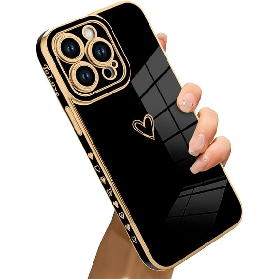 Compatible with iPhone 14 Pro Case Love Heart Plating Electroplate Luxury Elegant Case Camera Protector Soft TPU Shockproof Protective Corner Back Cover iPhone 14 Pro Case -Black