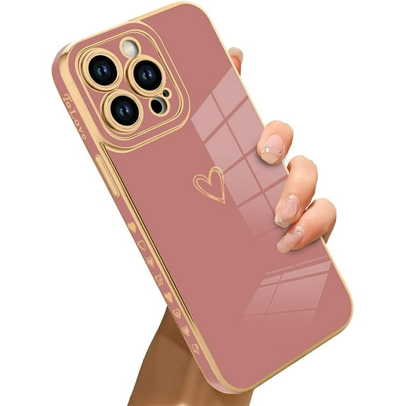 Compatible with iPhone 14 Pro Case Love Heart Plating Electroplate Luxury Elegant Case Camera Protector Soft TPU Shockproof Protective Corner Back Cover iPhone 14 Pro Case -Pink