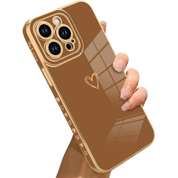 Compatible with iPhone 14 Pro Case Love Heart Plating Electroplate Luxury Elegant Case Camera Protector Soft TPU Shockproof Protective Corner Back Cover iPhone 14 Pro Case -Brown