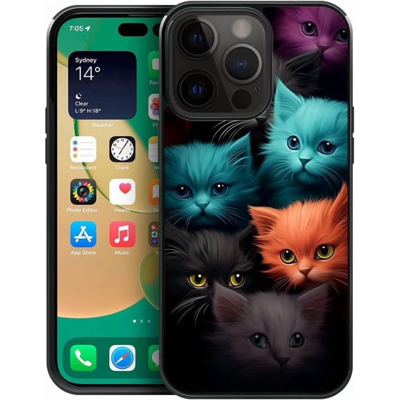 Compatible with iPhone 14 Pro Case,Pattern Design Hard PC Back Cover Non-Slip Soft TPU Protective Case for iPhone 14 Pro for Women 6.1inch-Colorful Cute Cats
