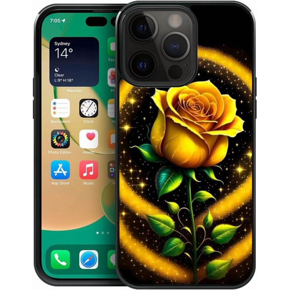 Compatible with iPhone 14 Pro Case,Pattern Design Hard PC Back Cover Non-Slip Soft TPU Protective Case for iPhone 14 Pro for Women 6.1inch-Golden Brilliant Rose