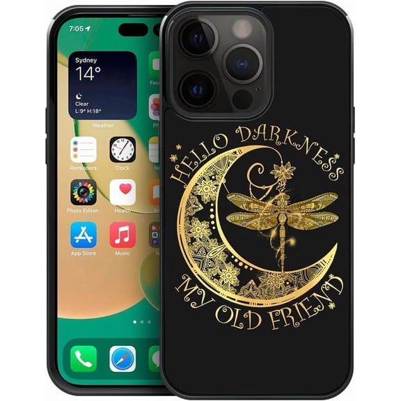 Compatible with iPhone 14 Pro Case,Pattern Design Hard PC Back Cover Non-Slip Soft TPU Protective Case for iPhone 14 Pro for Women 6.1inch-Moon Dragonfly Hippie