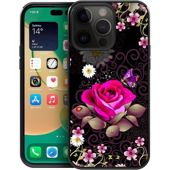 Compatible with iPhone 14 Pro Case,Pattern Design Hard PC Back Cover Non-Slip Soft TPU Protective Case for iPhone 14 Pro for Women 6.1inch-Pink Rose Purple Butterfly