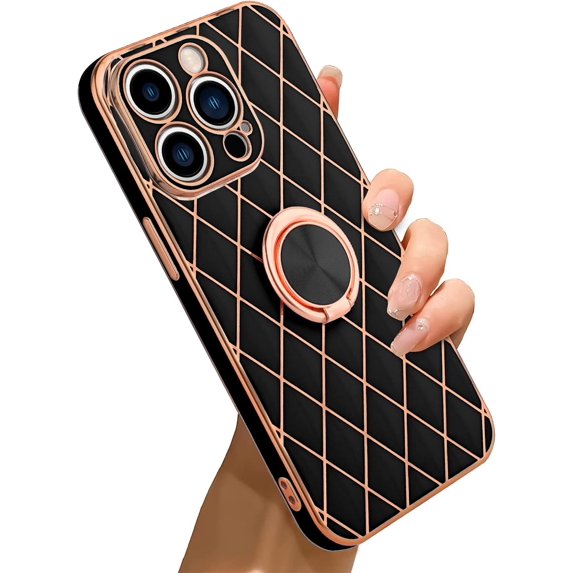 Compatible with iPhone 14 Pro Case Plating Electroplate Mental Ring Kickstand Luxury Case Soft TPU Shockproof Back Cover iPhone 14 Pro Case for Girls Women -Black