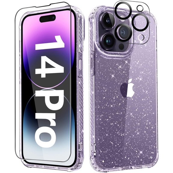 Compatible with iPhone 14 Pro Case with Screen Protector + Camera Lens Protector, Clear Glitter Women Girls Cute Phone Case, Shockproof Protective Cover for 14Pro 6.1 Inch - Sparkle Clear