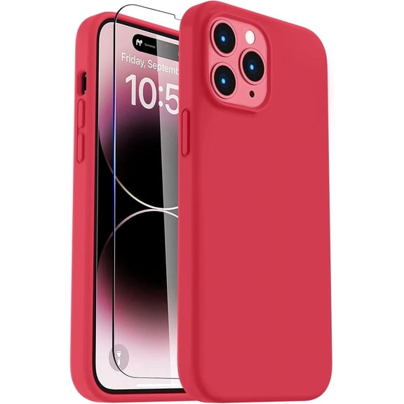 Compatible with iPhone 14 Pro Case with Screen Protector, Slim Premium Liquid Silicone Phone Case for iPhone 14 Pro, [Anti-Scratch Velvet Interior] [Drop Protection], Red
