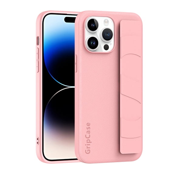 Compatible for iPhone 14 Pro Case with Strap Wristband, Shockproof Anti-Scratch PU Leather Texture Protective Case, Secure Hand Strap Slim Lightweight Case for iPhone 14 Pro, Pink