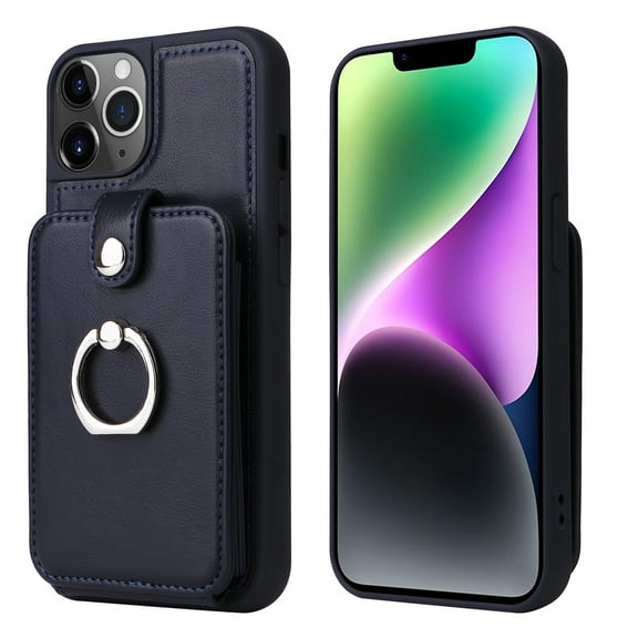 Compatible for iPhone 14 Pro Case Wallet with Accordion Card Holder, Rotation Finger Ring Holder Stand, Elegant PU Leather Protective Secure Button Shockproof Cover for iPhone 14 Pro, Darkblue