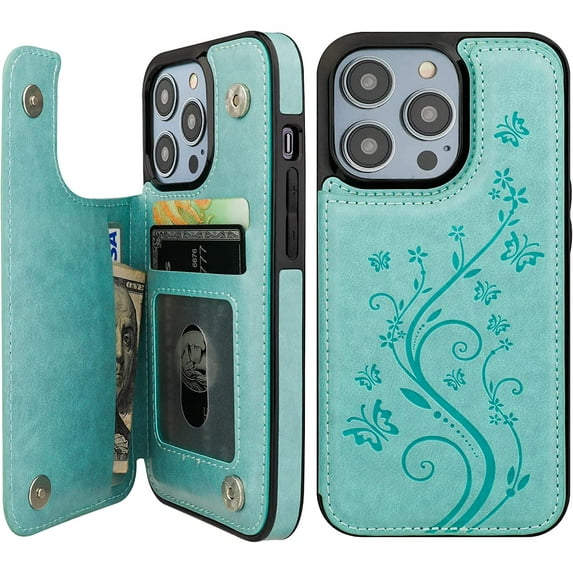 Compatible with iPhone 14 Pro Case Wallet with Card Holder,Embossed Butterfly Pattern PU Leather Double Buttons Flip Protective Shockproof Cover for Magnetic Car Mount 6.1 Inch (Green)