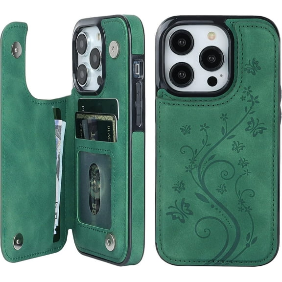 Compatible with iPhone 14 Pro Case Wallet with Card Holder,Embossed Butterfly Pattern PU Leather Double Buttons Flip Protective Shockproof Cover for Magnetic Car Mount 6.1 Inch (Dark Green)