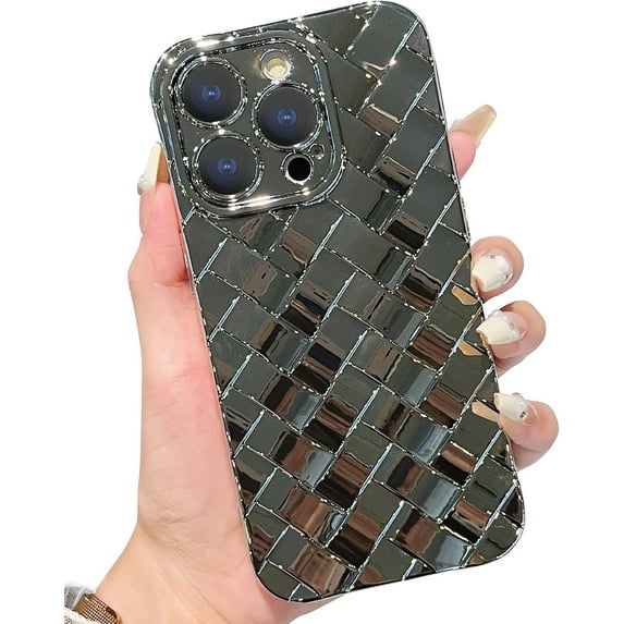 Compatible with iPhone 14 Pro Case for Women 3D Luxury Woven Grid Pattern Desgin Plating Phone Case Camera Protection Shockproof Phone Case for iPhone 14 Pro 6.1" - Silver