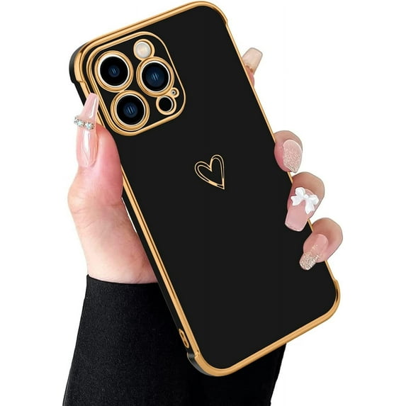 Compatible with iPhone 14 Pro Case for Women Cute Luxury Love Heart Pattern Design Full Camera Protection Soft TPU Reinforced Corners Protective Plating Edge Phone Case 6.1 in 2022 - Black