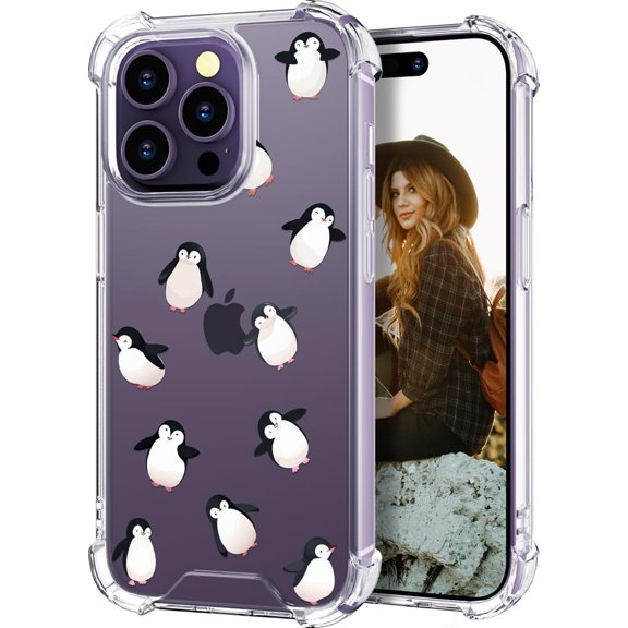 Compatible for iPhone 14 Pro Case for Women Girls Clear Design Cute, Protector Girly Transparent Lovely Kawaii Dancing Penguins Animal Joy Funny Happy