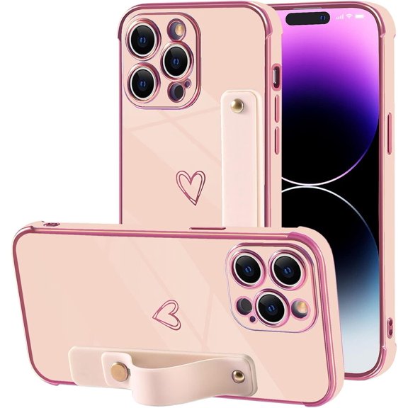 Compatible with iPhone 14 Pro Case for Women Girls,Soft TPU Cute Love Heart Plating Bumper Wristband Holder Bling Phone Case Slim Anti-Scratch Shockproof Luxury Case Cover(Elegant Pink)