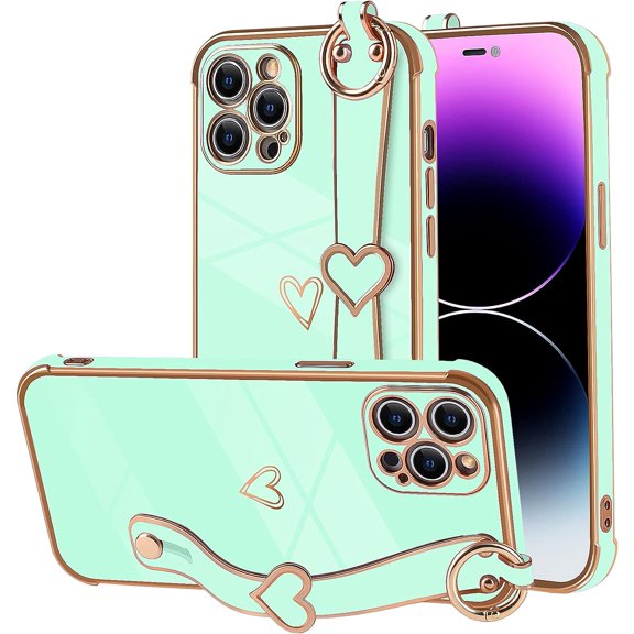 Compatible with iPhone 14 Pro Case for Women Girls,Soft TPU Cute Love Heart Plating Electroplate Wristband Bumper Holder Bling Case Slim Anti-Scratch Shockproof Luxury Case(Elegant Green)