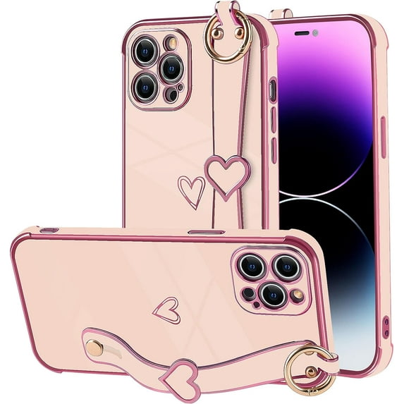 Compatible with iPhone 14 Pro Case for Women Girls,Soft TPU Cute Love Heart Plating Electroplate Wristband Bumper Holder Bling Case Slim Anti-Scratch Shockproof Luxury Case(Elegant Pink)