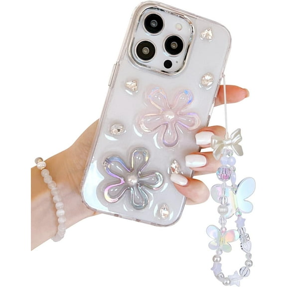 Compatible for iPhone 14 Pro Cute 3D Flowers Crystal Diamond Clear with Design Aesthetic Women Teen Girls Glitter Sparkly Cute Case Protective Cover+Crystal Phone Chain