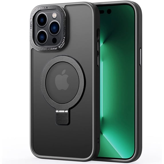 Compatible with iPhone 14 Pro Frosted Case with Ring Stand 180° Rotatable Magnetic Kickstand Invisible Holder Fashion Protection Shockproof Case for Women Girls Man Black