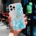 thumbnail image 1 of Compatible with iPhone 14 Pro Glitter Butterfly Case Glow in The Dark Women Girls Girly Bling Sparkle Flowing Quicksand Light up Case Soft TPU Bumper Luminous Clear Phone Cover, Blue, 1 of 12