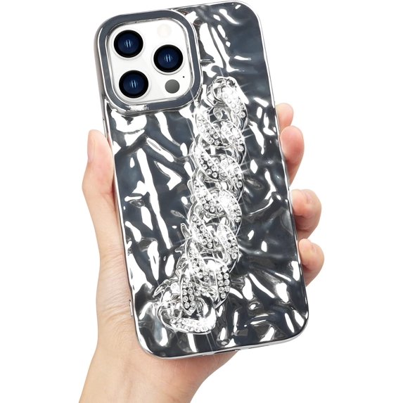 Compatible with iPhone 14 Pro Glossy Case with Bling Diamond Bracelet Rhinestone Crystal Shiny Chain Glitter Luxury Fashion Protection Shockproof Case for Women Girls-Silver