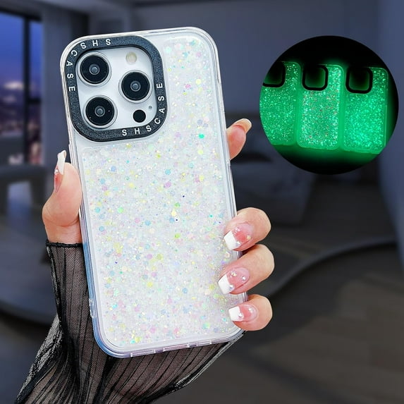 Compatible with iPhone 14 Pro Luminous Case Glow in The Dark Noctiluncent Fluorescent Case for Women Girls Glitter Bling Sparkling Slim Soft Bumper Protective Shockproof Phone Cover,Silver