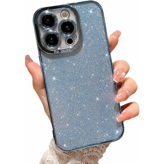 Compatible for iPhone 14 Pro Luxury Glitter Plating Clear Case, Cute Bling Sparkly Shiny Case for Women Girls Soft TPU Shockproof Camera Protective Back Cover Electroplated Case - Light Blue