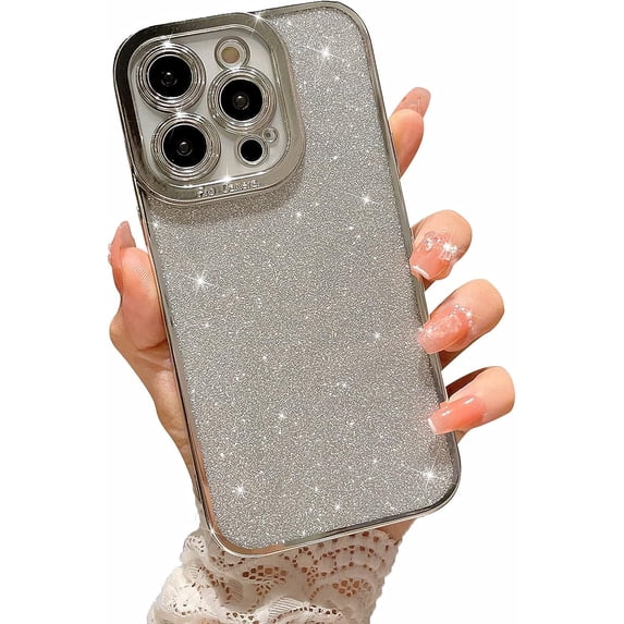 Compatible for iPhone 14 Pro Luxury Glitter Plating Clear Case, Cute Bling Sparkly Shiny Case for Women Girls Soft TPU Shockproof Camera Protective Back Cover Electroplated Case - Silver