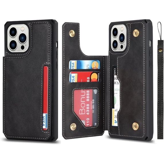 Compatible with iPhone 14 Pro Luxury PU Leather Case with Card Holder,Cash Slots,Stand Function Back Wallet Case Flip Wrist Strap Double Magnetic Clasp Case for iPhone 14 Pro 6.1",Black
