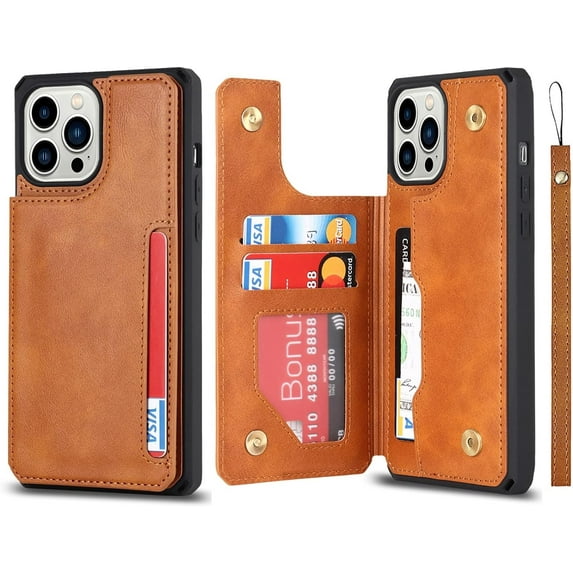 Compatible with iPhone 14 Pro Luxury PU Leather Case with Card Holder,Cash Slots,Stand Function Back Wallet Case Flip Wrist Strap Double Magnetic Clasp Case for iPhone 14 Pro 6.1",Khaki