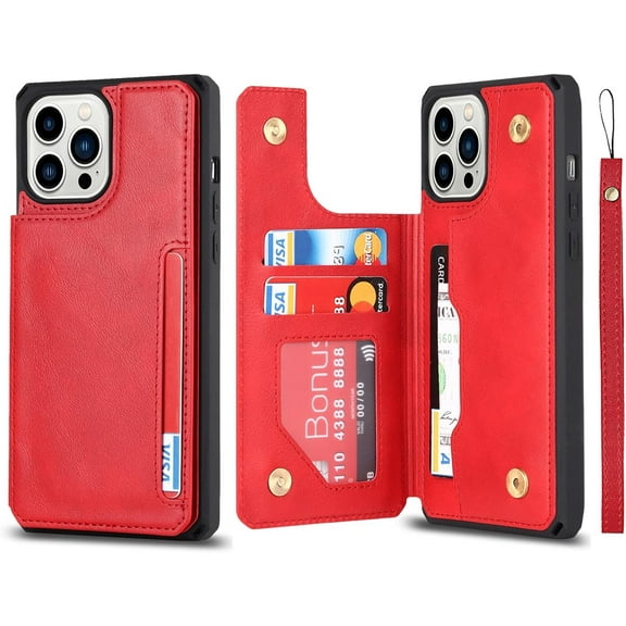 Compatible with iPhone 14 Pro Luxury PU Leather Case with Card Holder,Cash Slots,Stand Function Back Wallet Case Flip Wrist Strap Double Magnetic Clasp Case for iPhone 14 Pro 6.1",Red