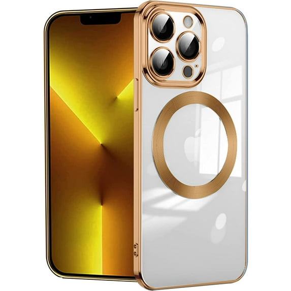 Compatible with iPhone 14 Pro Magnetic Case, Luxury Plating Clear Phone Case, Compatible with MagSafe for Women Girls with Camera Protector Soft TPU Shockproof Back Cover - Gold