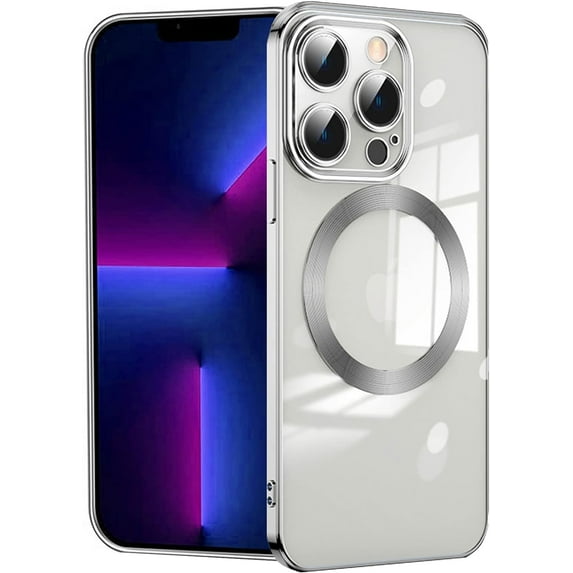 Compatible with iPhone 14 Pro Magnetic Case, Luxury Plating Clear Phone Case, Compatible with MagSafe for Women Girls with Camera Protector Soft TPU Shockproof Back Cover - Silver