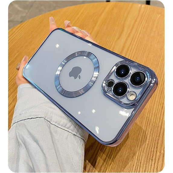 Compatible with iPhone 14 Pro Magnetic Clear Case,Luxury Plating Bling Transparent Shockproof MagSafe Case with Full Camera Lens Protector for iPhone 14 Pro Women Girl Men-Sky Blue
