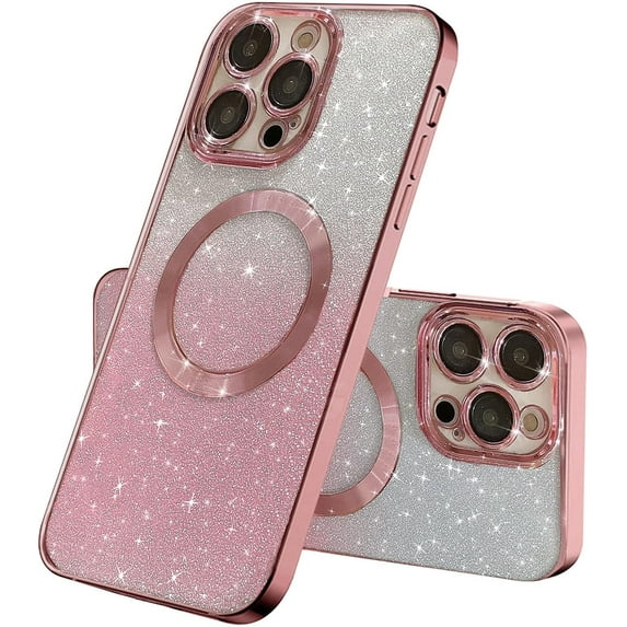 Compatible with iPhone 14 Pro Magnetic Gardient Glitter Case, Plating Bling Cute Case with MagSafe for Women Girls Full Camera Protector Back Cover for iPhone 14 Pro 6.1'' Pink